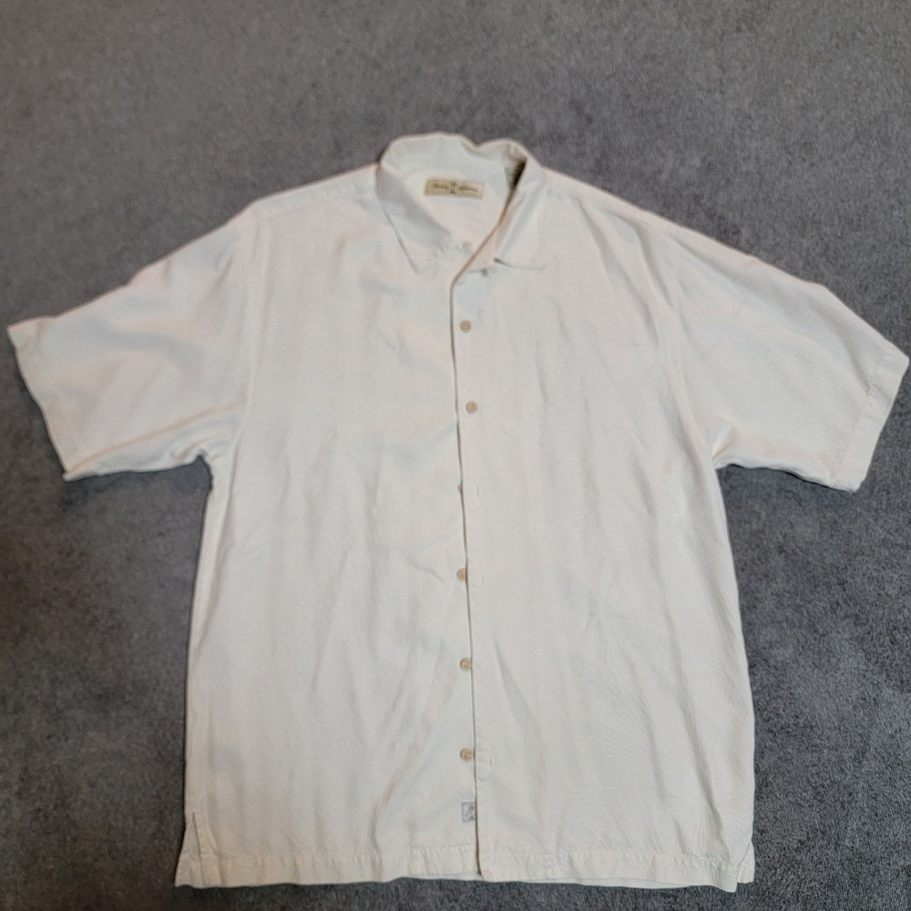 VTG Tommy Bahama 100% Silk Hawaiian Camp Shirt Cream Textured Geometric Mens M